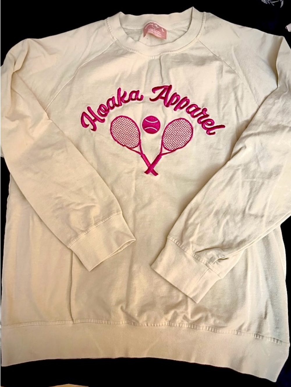 Hoaka Apparel Women's Cream Sweatshirt with Pink Tennis Embroidery